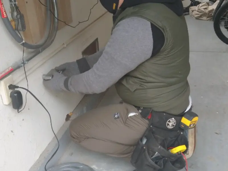 Electrician performing outlet wiring in a Spurgeon garage